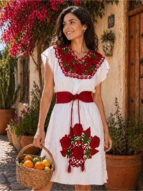 Authentic Mexican Embroidered Floral Dress | Red Rose Tunic Boho Folk
